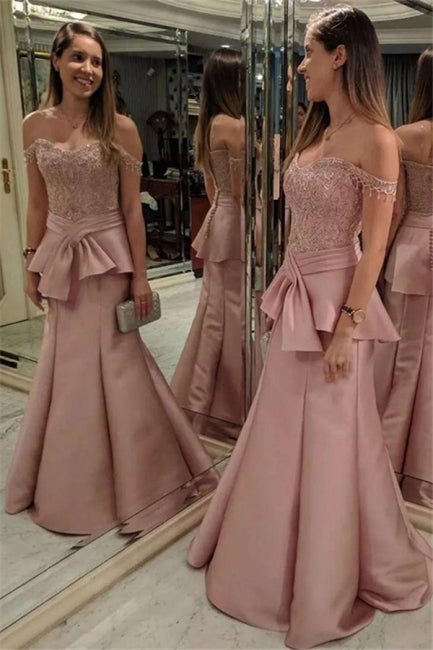 Pink Mermaid Tiered Evening Dresses | Off-the-Shoulder Appliques Prom Dresses with Beadings,HO263