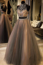 two pieces brown tulle beaded prom dress long party dress,HO168