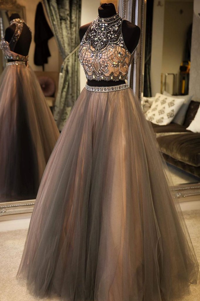 two pieces brown tulle beaded prom dress long party dress,HO168