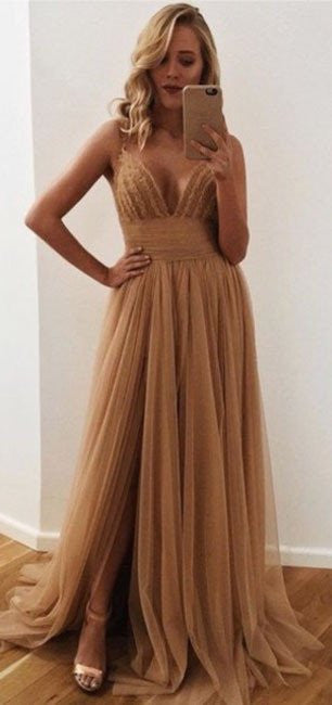 Leg Slit Prom Dresses, V-neck Prom Dress,Sexy Prom Dress,Modern Prom Dress,PD0065