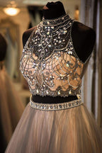 two pieces brown tulle beaded prom dress long party dress,HO168