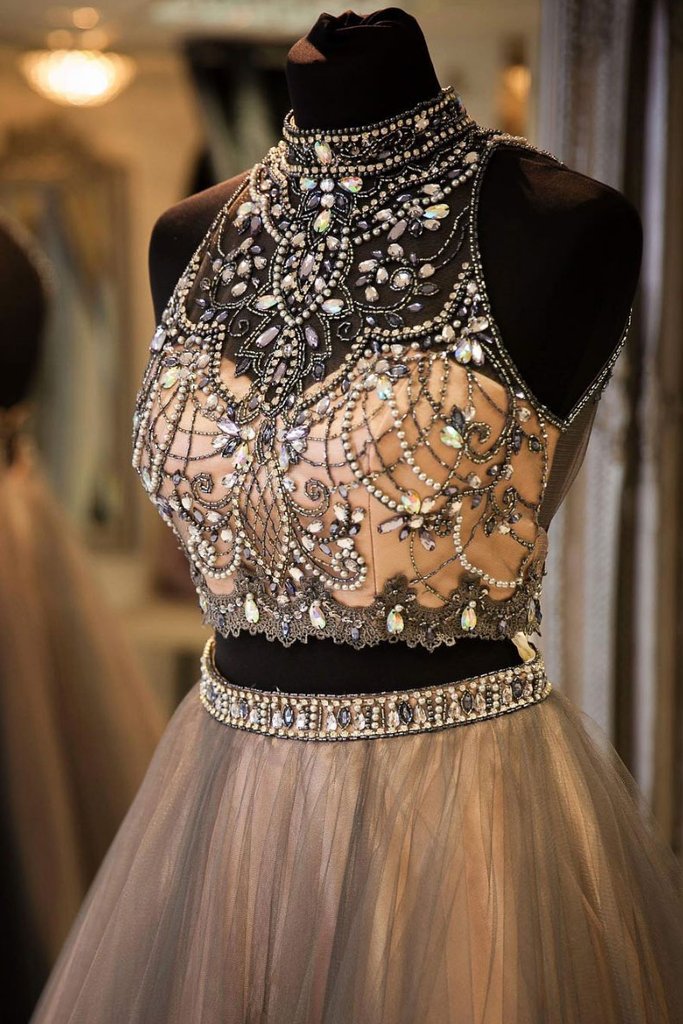 two pieces brown tulle beaded prom dress long party dress,HO168