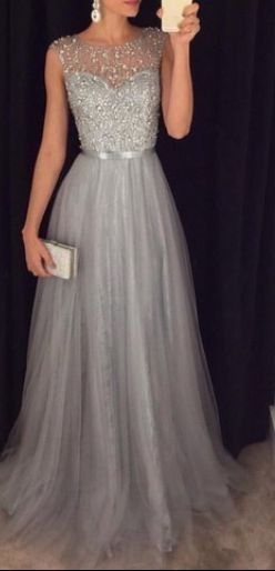 Beading Tulle Prom Dresses,Charming Gray Evening Dresses,A-line Modest Prom Gowns,Long Prom Gowns,BD45962