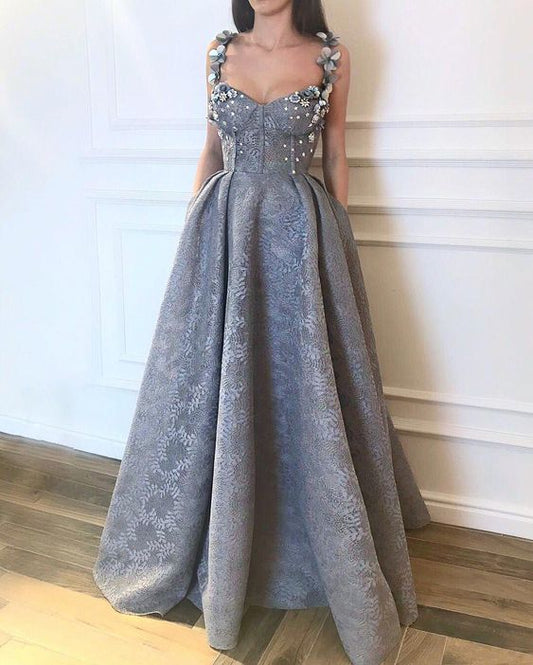 Gray Lace chic Long A-line Prom Dress,BD62635
