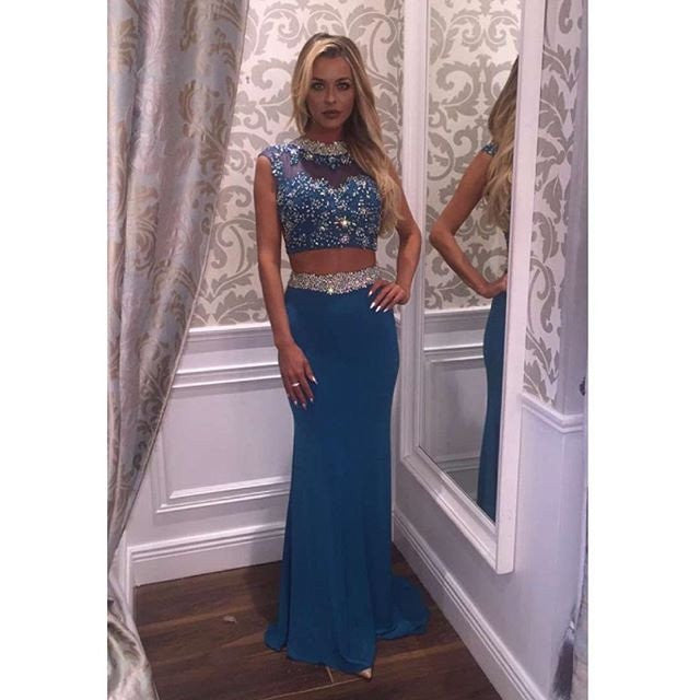 blue Prom Dress,new style Prom Dress,two pieces Prom Dress,beaded Prom Dress,PD00292