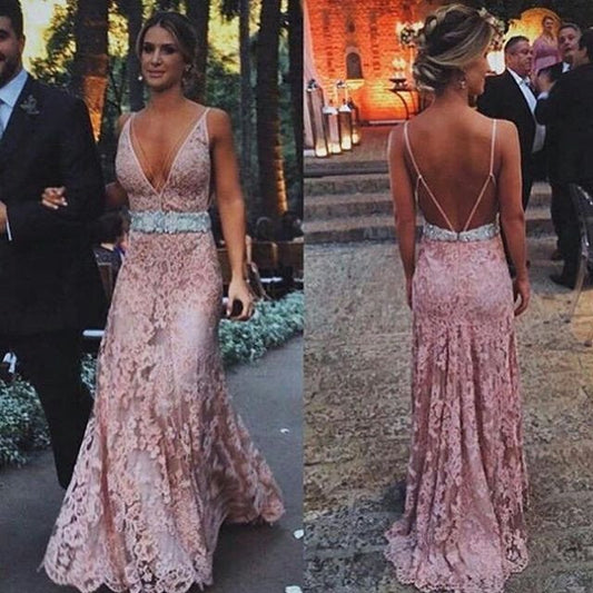 dusty rose Prom Dresses,long prom dress,lace prom Dress,v-neck prom dress,formal evening dress,PD00298