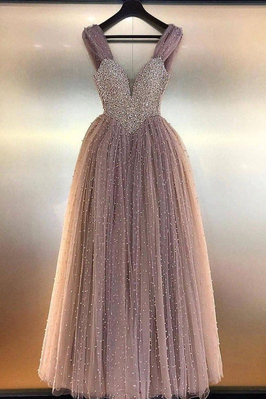light purple tulle gorgeous beaded A-line long ball gown princess prom dress,HO149