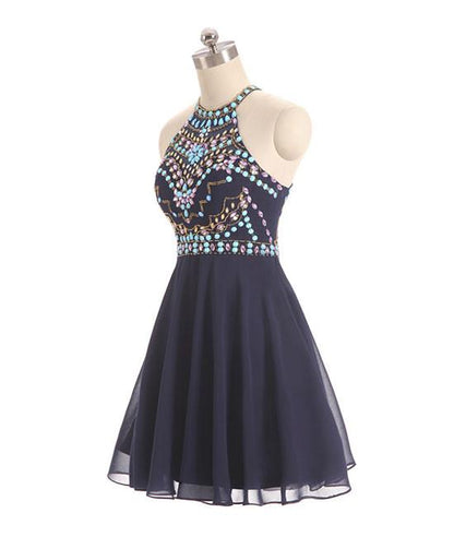 Dark Blue Beads Short Prom Dresses, Cute Dark Blue Homecoming Dresses,PD4558964