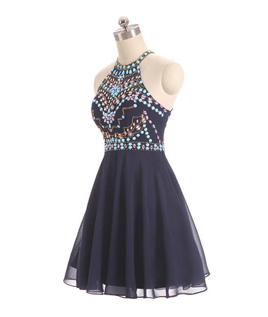 Dark Blue Beads Short Prom Dresses, Cute Dark Blue Homecoming Dresses,PD4558964