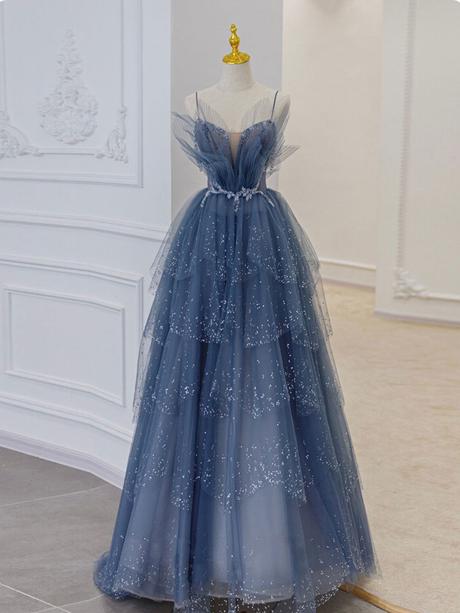 Blue sweetheart tulle sequin long prom dresses, blue evening dress,PD2202
