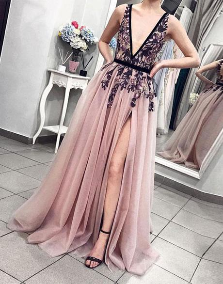 dusty pink v-neck side slit long chic prom dress,HO180