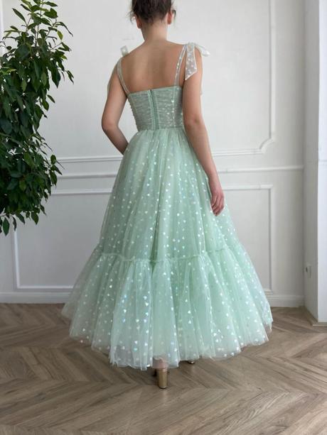 Green tulle tea length prom dresses, green tulle formal dress,PD2203