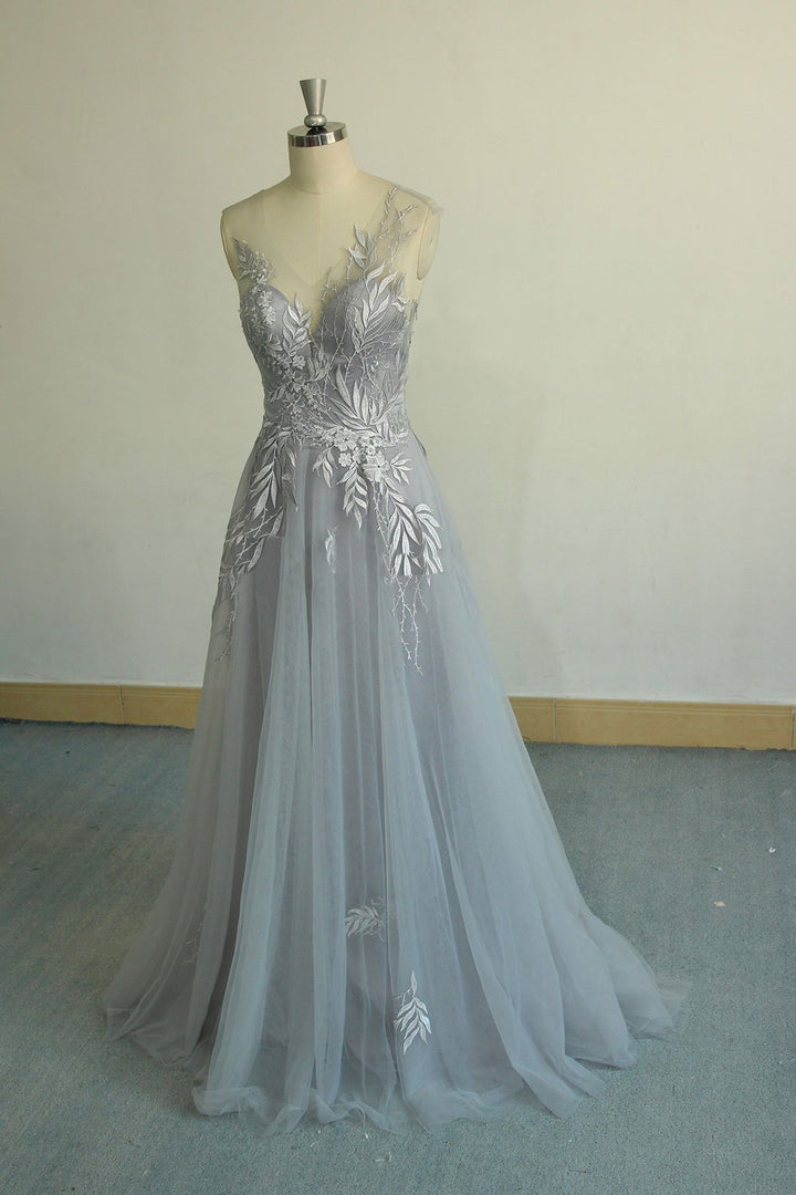 v neck tulle lace long prom dress, gray evening dress,BH91175