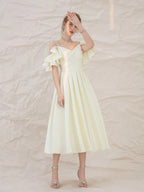 Light yellow satin short prom dress, yellow bridesmaid dress,BD22257