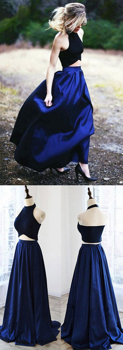 Two Piece Prom Dresses Blue, Long Formal Dresses A-line, Satin Party Dresses Halter,PD4553