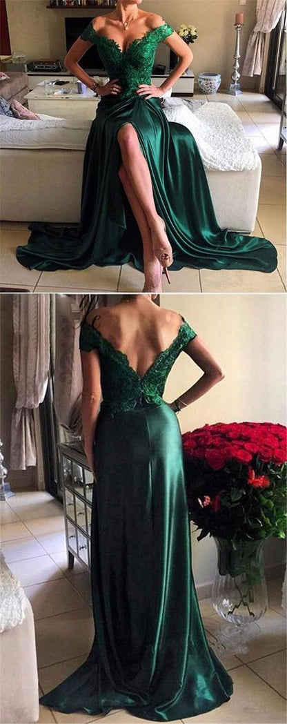 Off-shoulder Prom Dresses,Dark Green Prom Dress,Modern Prom Dresses,Leg Slit Prom Dress,Cheap Prom Dresses,PD00205