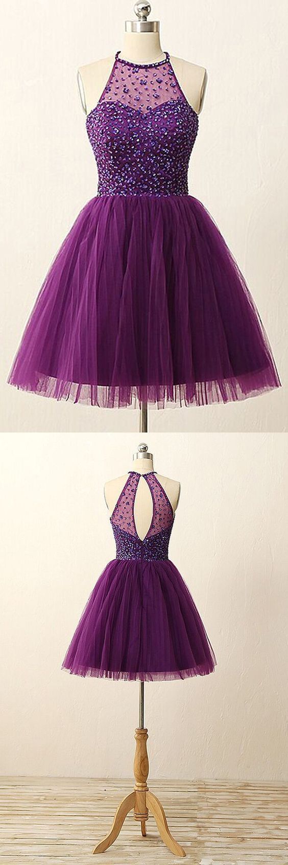 Elegant Purple Homecoming Dress,Short Beaded Prom Gowns,PD455846