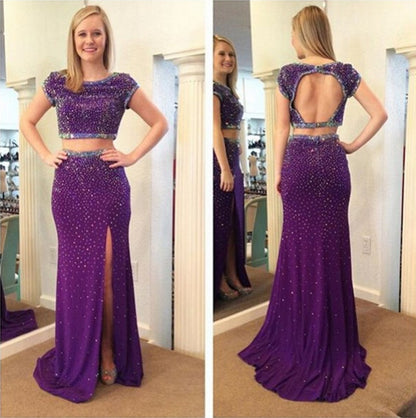purple prom dress,long Prom Dress,beaded prom dress,two pieces prom dress,open back evening dress,BD2889