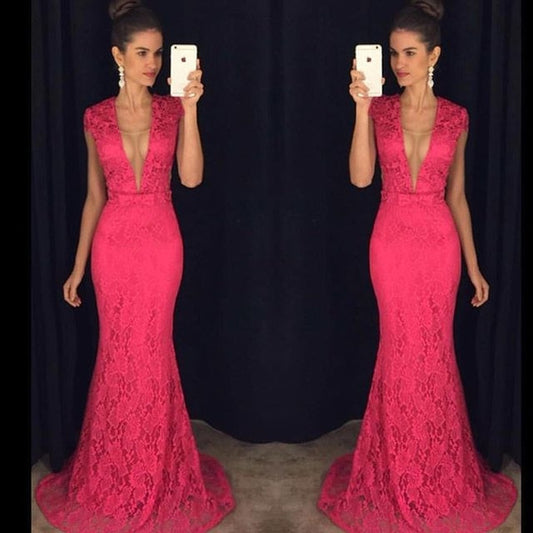 hot pink lace prom dress,long Prom Dress,elegant prom dress,mermaid prom dress,short sleeves evening dress,BD2890
