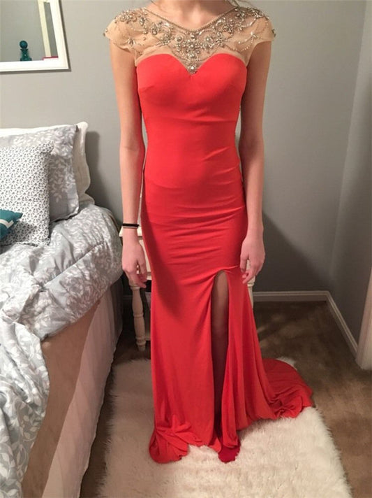 red Prom Dress,Long Prom Dress,charming Prom Dress,cap sleeves Prom Dress,side slit evening Dress, BD2989
