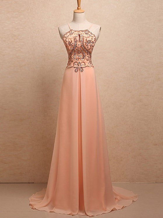 pink prom dress,long Prom Dress,chiffon prom dress,cheap evening dress,beaded prom dress,BD2717