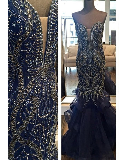 navy blue Prom Dress,Long Prom Dress,mermaid Prom Dress,beaded Prom Dress,gorgeous evening Dress, BD2990