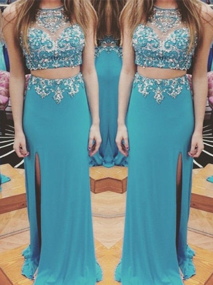 two pieces evening Dress,blue Prom Dress,beaded prom dress,long prom dress,side slit evening dress,BD2966