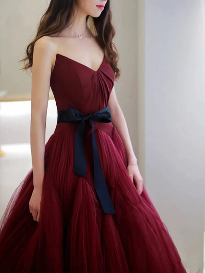 Burgundy v neck tulle long prom dress burgundy tulle formal dress,BD22231