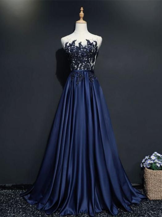 Chic A-line Scoop Dark Navy Floor Length Applique Long Prom Dress Evening Dress ,BD2203