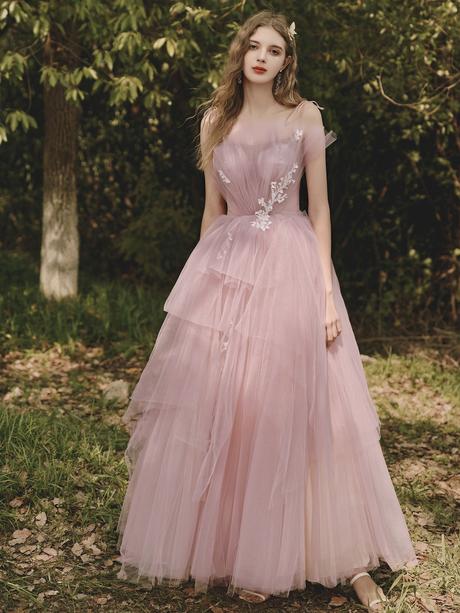 Pink sweetheart tulle lace long prom dress, pink tulle formal dress,PD2201