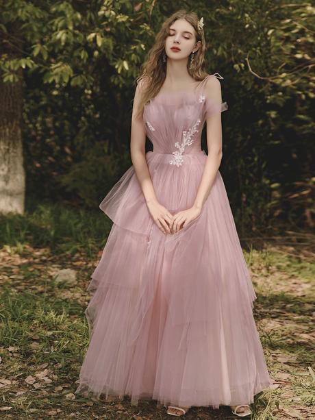 Pink sweetheart tulle lace long prom dress, pink tulle formal dress,PD2201