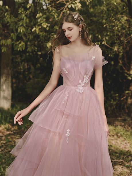 Pink sweetheart tulle lace long prom dress, pink tulle formal dress,PD2201