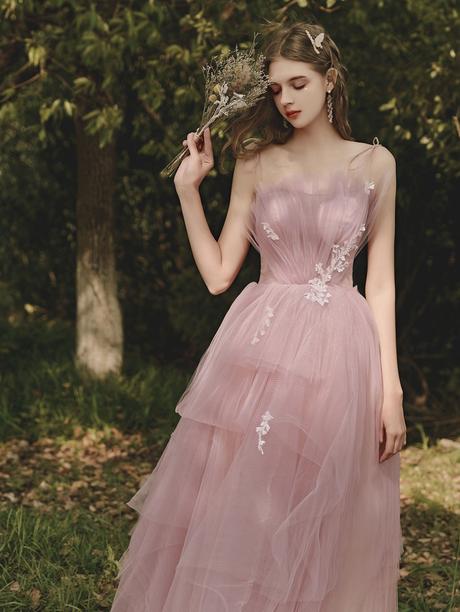 Pink sweetheart tulle lace long prom dress, pink tulle formal dress,PD2201