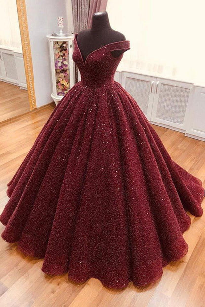 dazzling off shoulder burgundy sparkle A-line long prom dress,HO175