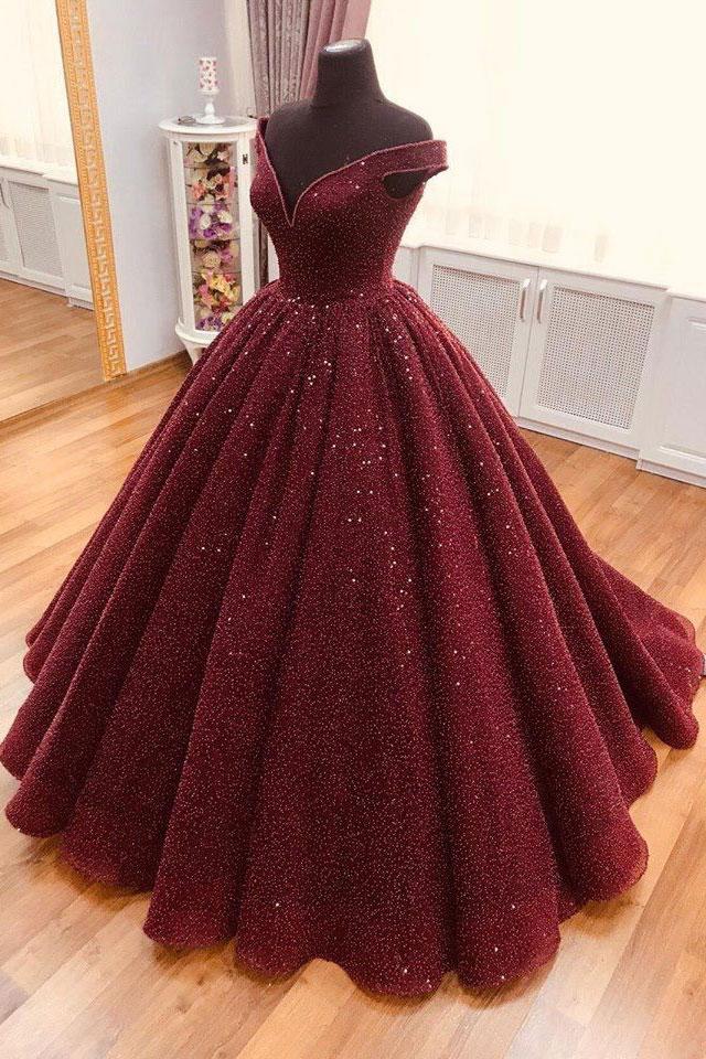 dazzling off shoulder burgundy sparkle A-line long prom dress,HO175