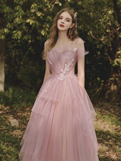 Pink sweetheart tulle lace long prom dress, pink tulle formal dress,PD2201