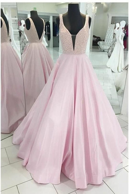 light pink beaded top A-line long prom dress, HO234