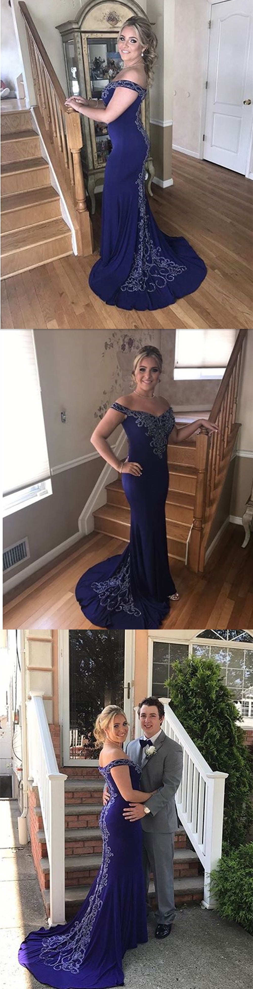 Sexy Charming Blue Off Shoulder Appliques Mermaid Formal Evening Party Prom Dresses,PD455886