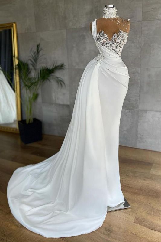 Luxury White Satin One Shoulder Beading Appliques Mermaid Prom Dresses,BD22198