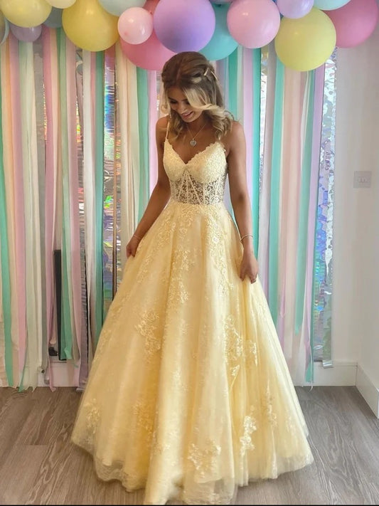 Yellow Aline tulle lace long prom dress yellow tulle long party dress,BD22227