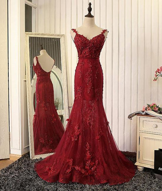 Red V Neck Lace Prom Dresses, Red Evening Dresses,PD4558976