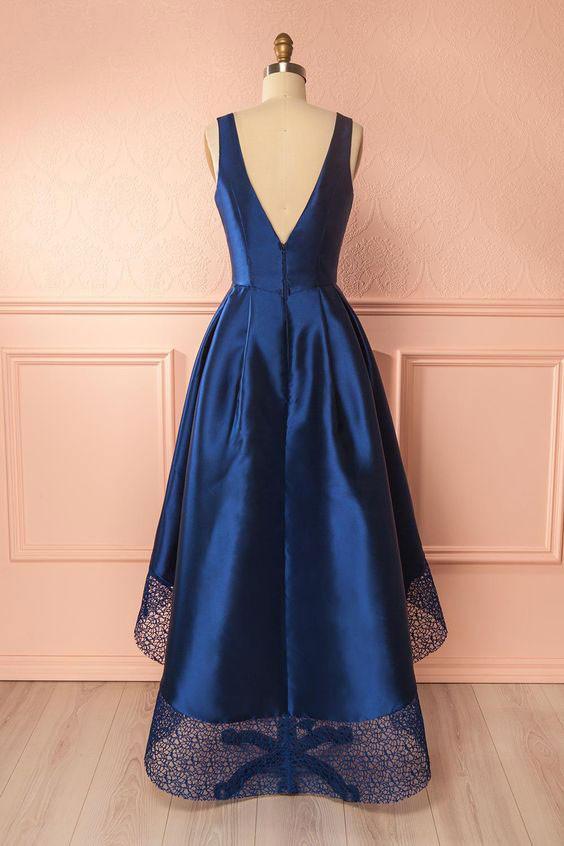 simple cheap hi-lo navy v-neck prom dress,HO171