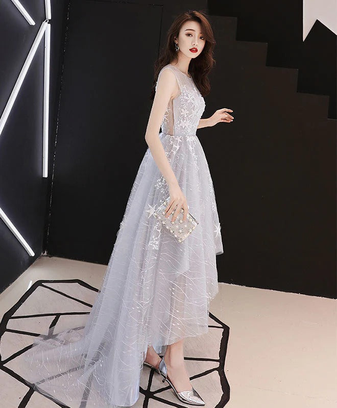 A line Gray Prom Dresses, High Low Gray Homecoming Dresses Lace Formal Graduation Party Dress,BD22199