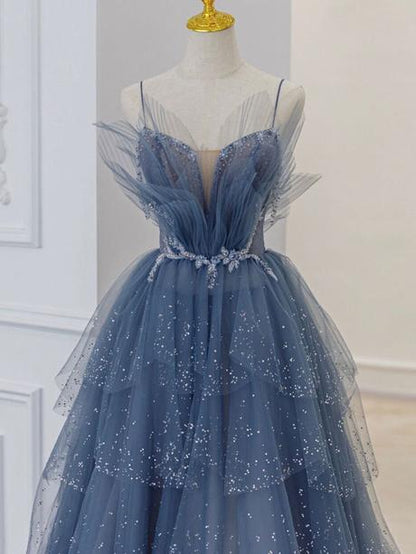 Blue sweetheart tulle sequin long prom dresses, blue evening dress,PD2202