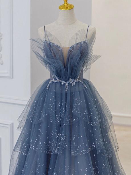 Blue sweetheart tulle sequin long prom dresses, blue evening dress,PD2202