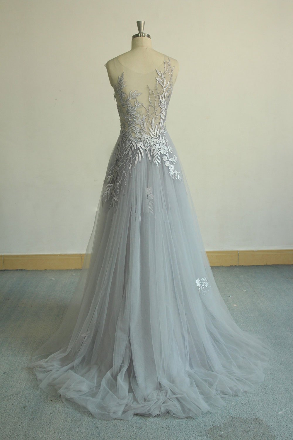 v neck tulle lace long prom dress, gray evening dress,BH91175