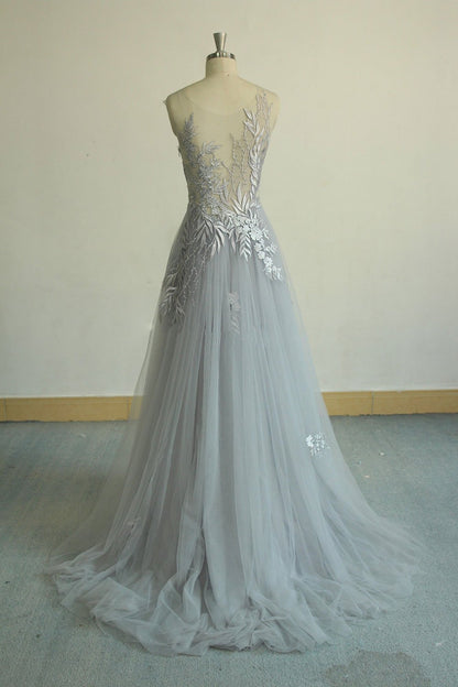 v neck tulle lace long prom dress, gray evening dress,BH91175