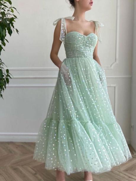 Green tulle tea length prom dresses, green tulle formal dress,PD2203