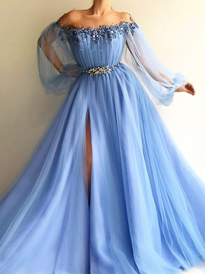 off shoulder blue tulle with long sleeves side slit long prom dress, HO240