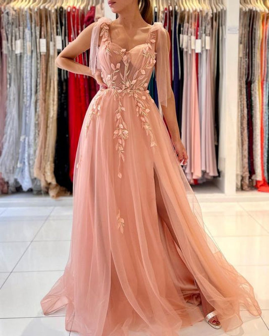 Princess Tulle Coral Pink Split Appliques Lace A-Line Prom Dresses,BD22190